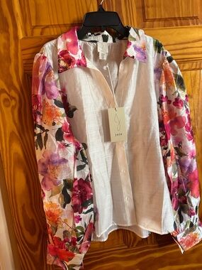 Joie White Button-Up Blouse with Pink, Purple & Orange Floral Sleeves